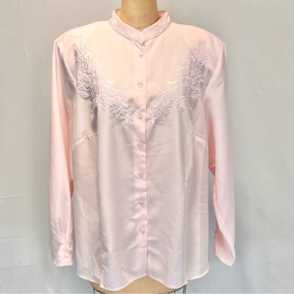 VINTAGE pink embroidered floral button down blouse‎ collarless plus size 90s - Picture 3 of 12
